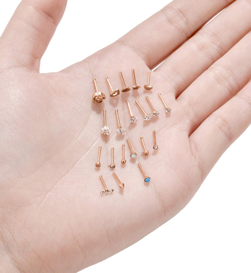 Tornito 20G 20Pcs Nose Ring CZ Nose Stud Retainer Bone Labret Nose Piercing Jewelry Set Stainless Steel Rose Gold Tone - Image 5